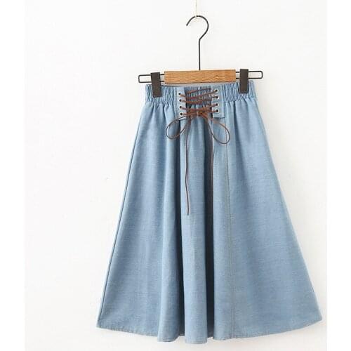 Elastic Waist Long Midi Denim Skirts Women High Waist A-Line Badange Jeans Skirts N0061