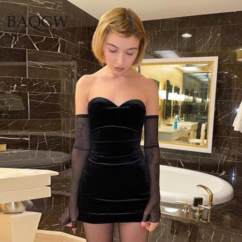 Fashion Sexy Party Beach Birthday Black Slash Neck Strapless Dress Women Slim Removable Mesh Sleeves Female Skinny Velvet Dress