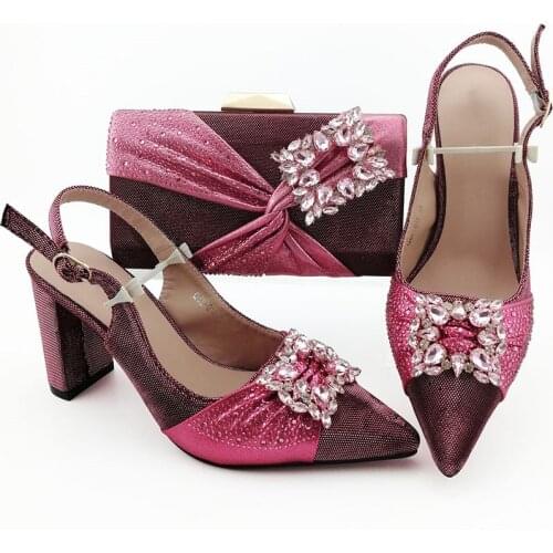 Fashion pink and brown women dress shoes match handbag with crystal style African pumps and bag set for party QSL011,heel 9CM