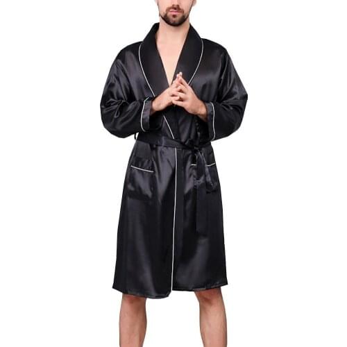 Fashion Mens Bathrobe Summer Imitation Silk with Pockets Waist Belt Bath Robe Home Gown Sleepwear Pajamas Men Gown Homewear