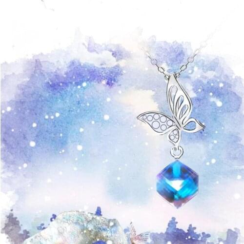 Trendy Silver Plated Clavicle Necklace Women Colorful Blue Aurora Sugar Cube Butterfly Pendant Choker Jewelry Female Gift