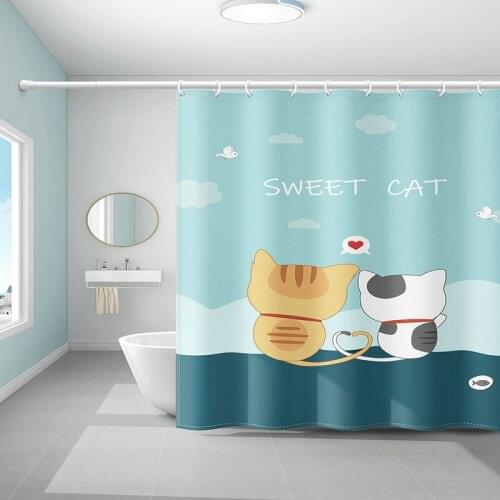 Sweet Cat and Star Shower Curtain Set with 12 Hooks Cute Animals Bathroom Decoration