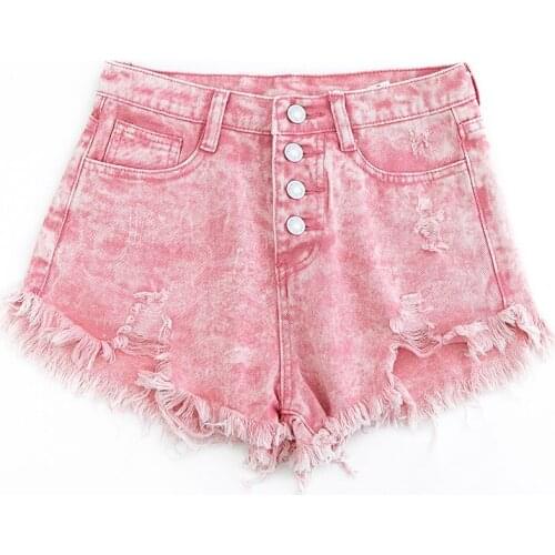 New Hot Sexy High Waist Bodycon Denim Pink Ripped Hole Short Jeans Mini Club DJ Dance Shorts Plus Size S M L XL