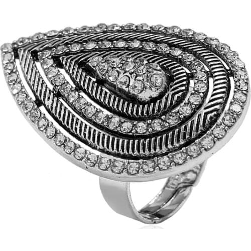 New Retro Hollow Full Diamond Drop Shaped Exaggerated Rings for Women Men Fashion Trend Simple Finger Ring Jewelry