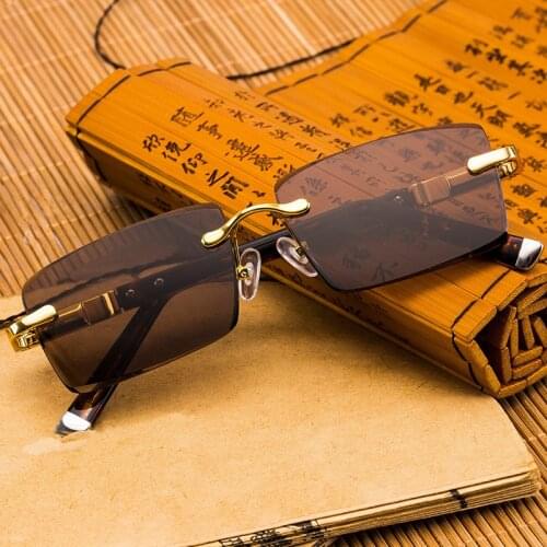 Rimless Polarized Sunglasses Men Women Natural Crystal Stone Lens Sun Glasses Vintage Retro Brown Sunglass Clear Eyewear UV400