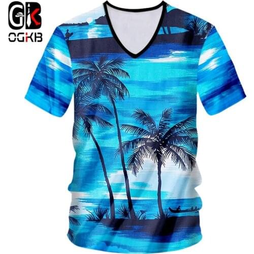 OGKB T-shirt Male Factory V Neck Fit Seaside 3D Tshirt Printing Coconut tree Casual 6XL Tops Tees For Men T Shirts