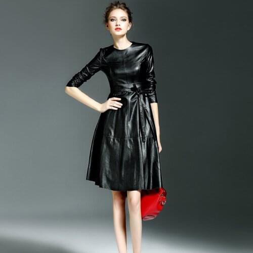 2018 Autumn Women Faux Leather Dress Slim Long Sleeve O-neck Pu Female Dresses High Quality Office Lady A-line Dresses S M L XL