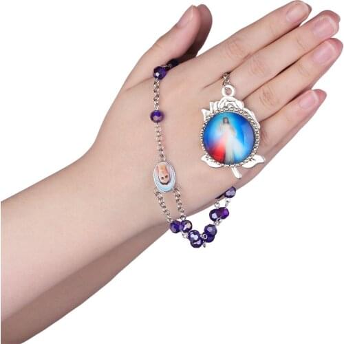 Blue Crystal Glass Rosary Bead Necklace Holy Jesus Mercy Center Pendant Necklace Religious Catholic Prayer Jewelry Gift