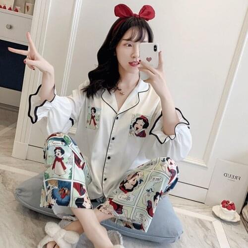 2PCS Leisure Satin Sleepwear Cartoon Pyjamas Women Clothing Long Sleeve Tops Set Ladies Pijama Sets Night Suit Home Wear