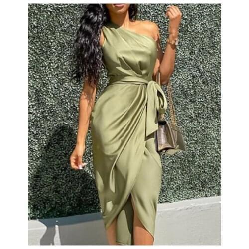 Womens Wrap Dress Midi Dress Army Green Sleeveless Solid Color Lace up Spring & Summer One Shoulder Stylish Hot Sexy 2021
