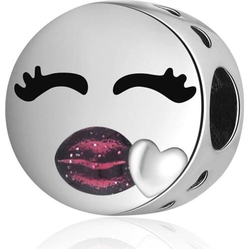 Authentic S925 Kiss Charm, Cerise Glitter Enamel Beads fit Lady Bracelet Bangle For Women DIY Jewelry Making