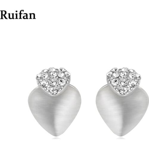 Ruifan Cute Heart Shape Natural Opal Silver Stud Earrings for Women Silver 925 Cubic Zirconia Trendy 2021 Summer Jewelry YEA026