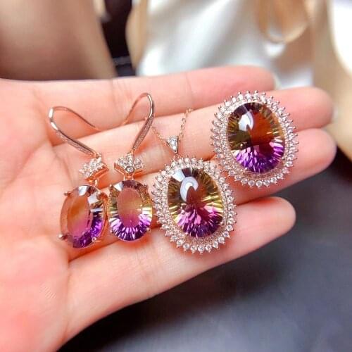 The Best Gift for Engagement Natural And Real Ametrine Jewelry Set 925 Sterling Silver 1pc Ring,1pc Pendant,2pcs Earring