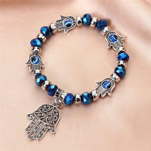 Lucky Turkish Evil Eye Elastic Bracelets For Women Charm Fatima Hand Pendant Rhinestone Beads Pulseras Mujer