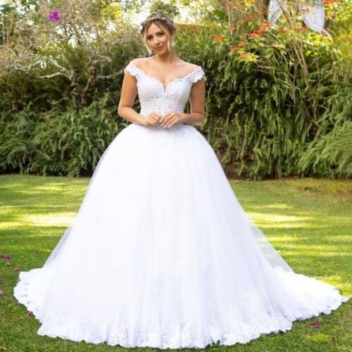 Vestido de casamento Brida Off the Shoulder See Through Bodice Applique Lace with Crystals Ball Gowns Wedding Dress Lace Up