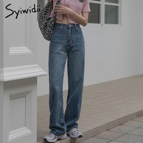 Syiwidii Long High Waisted Jeans Woman Blue Bleached Denim Pants Y2k Baggy Wide Leg Clothing Korean Fashion Vintage Streetwear
