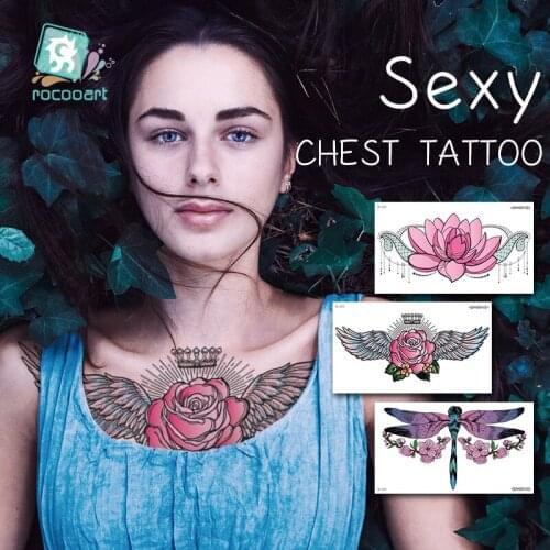 Rocooart 24x13.8cm Chest Flash Tattoo Large Magical Flower Sternum Tattoos Body Paint Necklace Under Breast 24*13.8cm Cool Girl