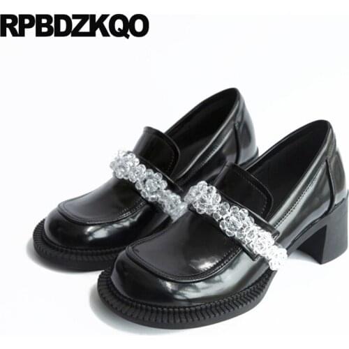 Round Toe Pumps 2021 Slip On Girls Medium Heels Genuine Leather Shoes Women Platform Patent Chunky Vintage High Size 33 Japanese