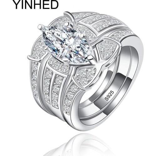 YINHED Luxury 3 Rings Set 925 Sterling Silver Wedding Rings for Women Jewelry AAA+ Cubic Zircon CZ Engagement Ring Set ZR379