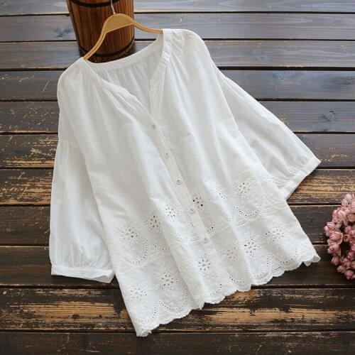 6245 new summer women Japan style cotton Hollow embroidery short sleeve shirt female loose white V-Neck blouse tops