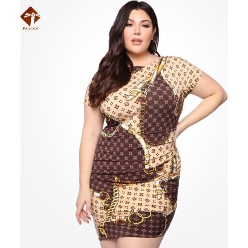 Spring New 2021 Fashion Section Oblique Necklace Gold Chain Print Sexy Tight Plus Size Dresses Casual Ladies Vintage Short Dress