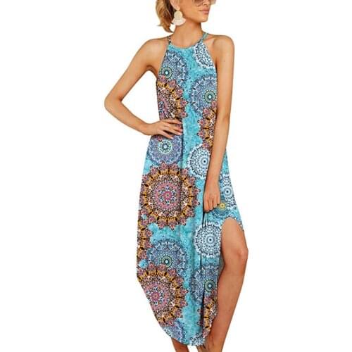 2021 Sexy Boho Print Backless Summer Long Dress Fashion Halter Neck Dress Women Off Shoulder Sleeveless Large Size Maxi Dresses