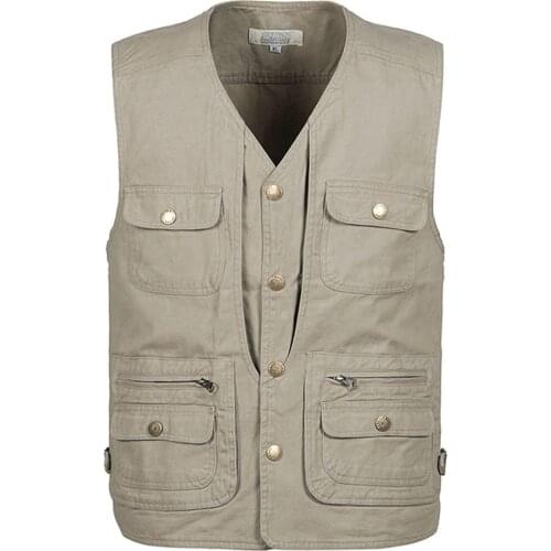 Mens Casual Photography Single-Breasted Solid Big Size 100% Cotton Fabric V-Neck Multi Pockets Vest Loose Sleeveless Jacket