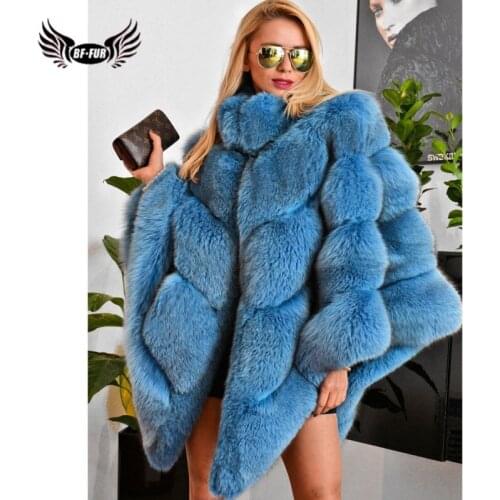 2020 Fashion Blue Real Fox Fur Cape For Women Winter Wholeskin Genuine Fox Fur Capes And Poncho Stand Collar Outwear Plus Size