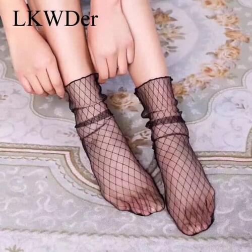 LKWDer 3 Pairs Women Socks Transparent Mesh Lace Girl Fish Net Short Socks Star Polka Dot Snowflake Ankle Tulle Socks Calcetines