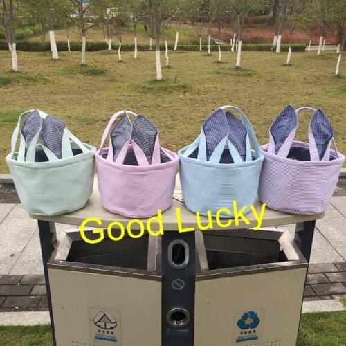 30pcs/lot hot selling top quality monogram seersucker easter bunny ears bucket wholesale Easter basket Drop shipping
