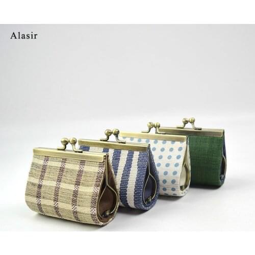 Alasir Handmade Ramie Coin Purse Bag Key Bag Coin Bag Vintage Women Linen Square Small Purse Chinese Style Stripe Bag