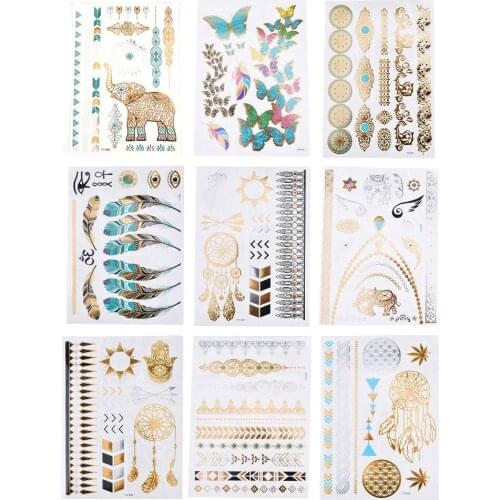 Glitter Sun Moon Temporary Tattoo Women Party Body Arm Art Fake Flash Tatoos Gold Metallic Tattoo Stickers Girl Bracelet Wrist