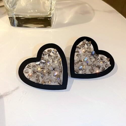 FYUAN Black Acrylic Heart Stud Earrings for Women Oversize Geometric Crystal Earrings Weddings Party Jewelry