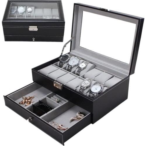Double Layer Leather/Wood Ring Necklace Jewelry Storage Organizer Container Casket Display Grids Watch Box Winder Holder