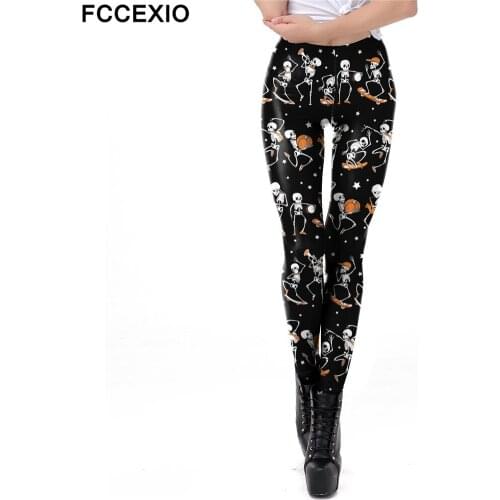 FCCEXIO Skull Head Print Women Leggings Halloween Carnival Ghost Pattern Workout Leggins Women Gothic Style Mid Waist Pants