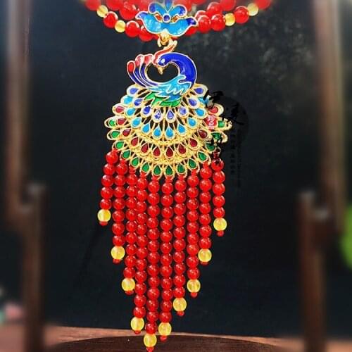 Hot Sale Natural ice red agate and chalcedony sweater chain Cloisonne peacock autumn Necklace free shipping