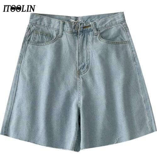 ITOOLIN Korean Fashion Wide Leg Jeans Shorts Women Solid Button Denim Shorts For Summer Female Loose Straight Leg Jeans