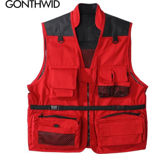 GONTHWID Cargo Vest Jackets Mens Multi Zipper Pockets Utility Travel Tactical Sleeveless Coats Hunting Tops Outwear Male