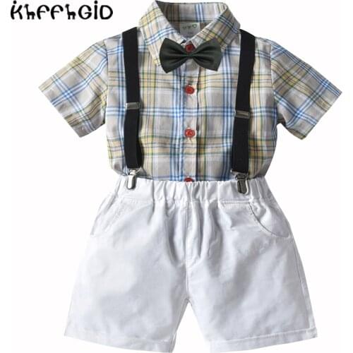 2021 Summer Boys' short sleeve shirt suit Plaid short sleeve shirt bow tie strap shorts four piece Toddler Boys' gentleman suit