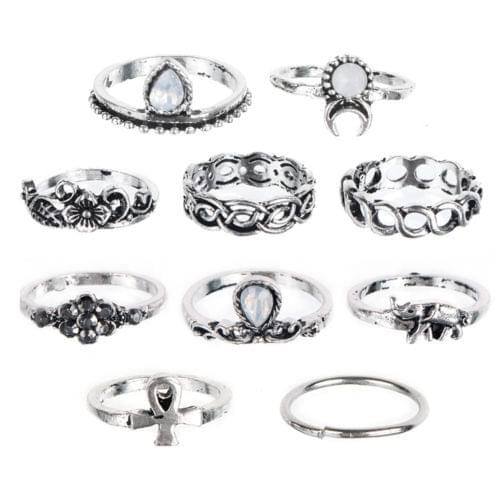 10 Pcs/lot Tribal Ethic Hippe Stone Joint Finger Rings Set for Women Moon Flower Elephant Pattern Punk Style Knuckle Ring