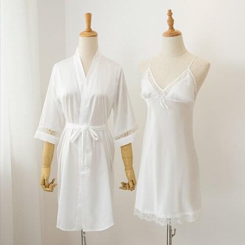 Summer New Casual Nightwear Kimono Bathrobe Gown White Bride Bridesmaid Wedding Robe Set Sexy Lace Nightwear Sleepwear