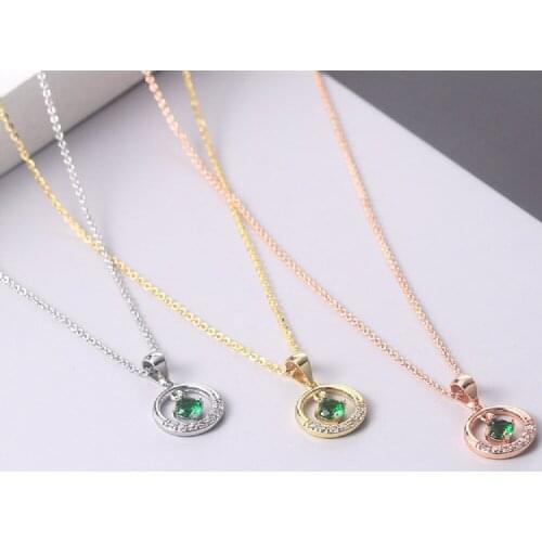 New Classic Fashion Green AAA Zircon Round Pendant Copper Plated Real Gold Necklace Womens Jewelry