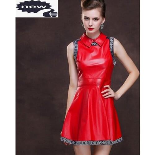 Top Quality 100% Real Sheepskin Genuine Leather Women Sleeveless Tank Dress Sexy Slim Fit Wedding Party Dresses