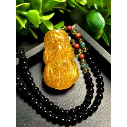 Natural Gold Titanium Rutilated Quartz Necklace Pendant Pi Xiu Shape Suspension 38*23*17mm Women Men Long Chain Necklace AAAAAA