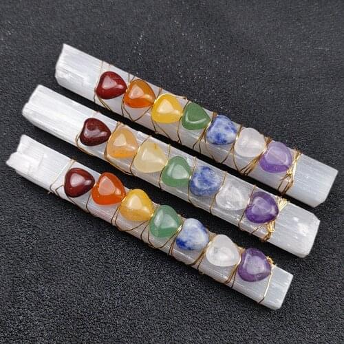 Hand Pieces Heart 7 Chakra Healing Stone Beads Wire Wrapped Raw Plaster Stick Wand for Yoga Meditation Spiritual Reiki Balancing
