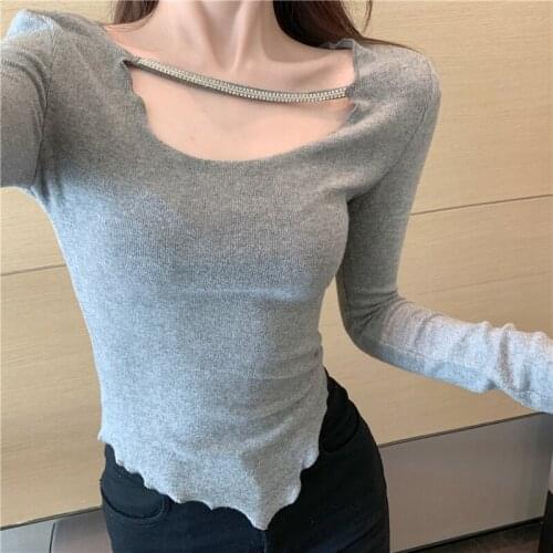 All-match slim sexy long-sleeved T-shirt women 2021 new spring hole slim shirt tops female