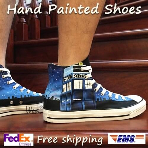 Wen Blue Hand Painted Shoes Design Custom Doctor Who Gallifrey Symbol High Top Men Womens Canvas Sneakers Christmas Gifts
