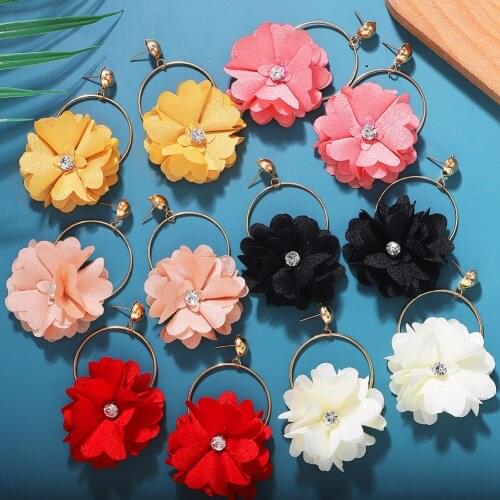 Dvacaman Spring Summer 2020 Colorful Cloth Flower Drop Earrings Women Boho Floral Statement Earrings Big Round Dangle Earrings