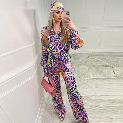 SPring Women Vintage Printed Suits Long sleeve Button Up shirt Top & Slim Pants Set Casual Two Piece set
