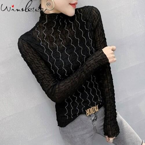 Spring 2021 Lace Shirt Women Girls Ruched Turtleneck Diamonds Transparent Mesh Tshirt Slim Stretchy Tops Long Sleeve T0D508A
